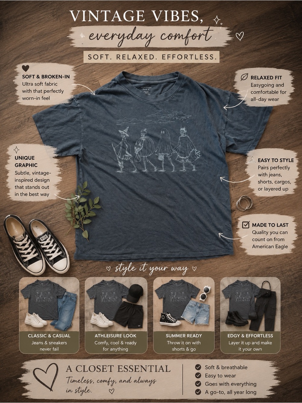 American Eagle Outfitters Men's Dark Charcoal Graphic Tee with Light Blue Ghosts